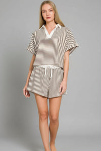 Zenana Striped Collared Top & Shorts Set
