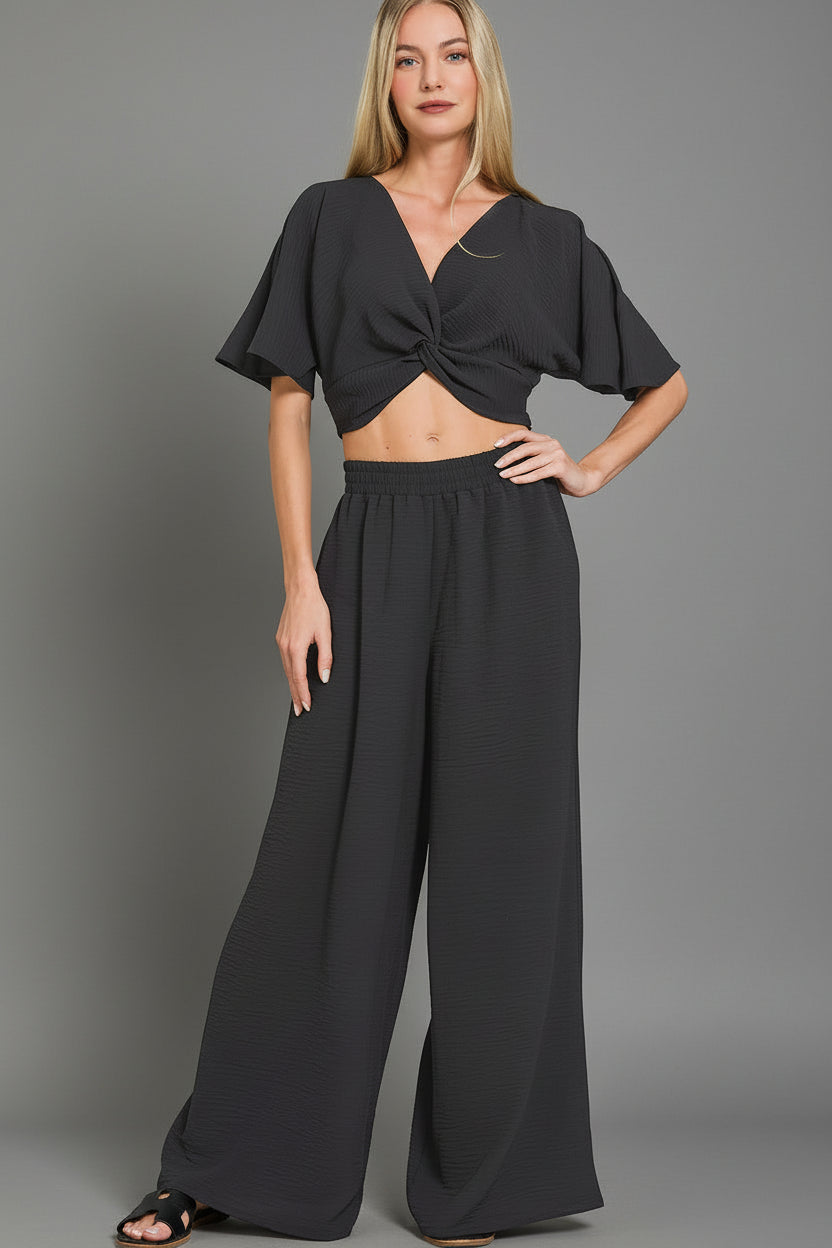 Zenana Woven Airflow Twisted Top & Wide Leg Pants Set