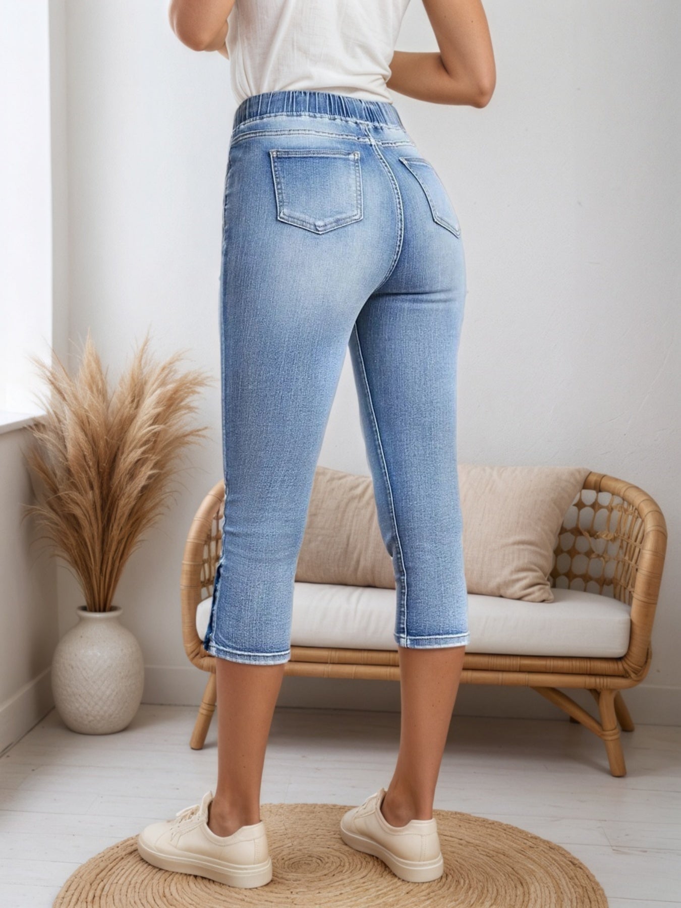 Chic Denim Shorts, Drawstring Closed And Split Button Hem,