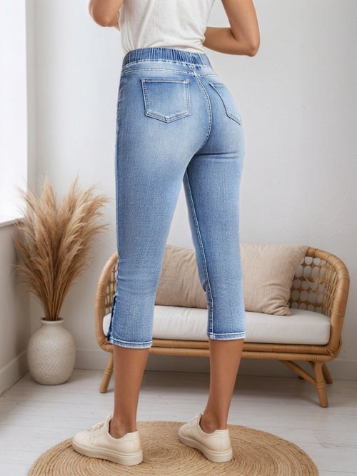 Chic Denim Shorts, Drawstring Closed And Split Button Hem,