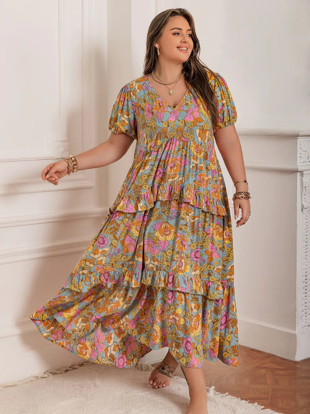 Plus Size Printed V-Neck Short Sleeve Maxi Dress