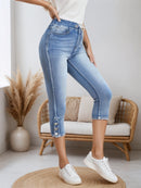 Chic Denim Shorts, Drawstring Closed And Split Button Hem,