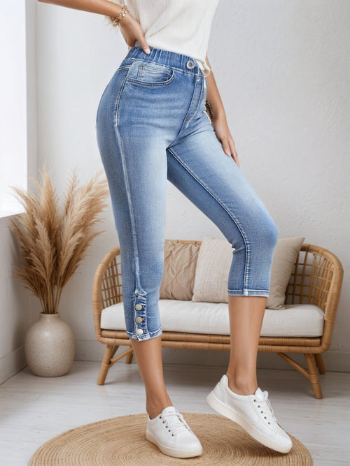 Chic Denim Shorts, Drawstring Closed And Split Button Hem,