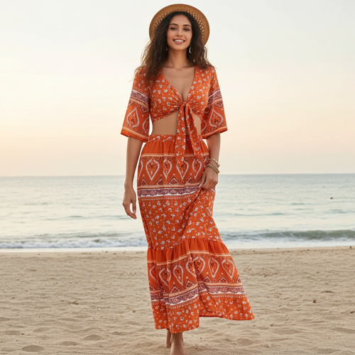 Printed Plunge Half Sleeve Top and Skirt Set