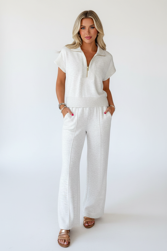 Half-Zip Polo & Wide-Leg Pants Set